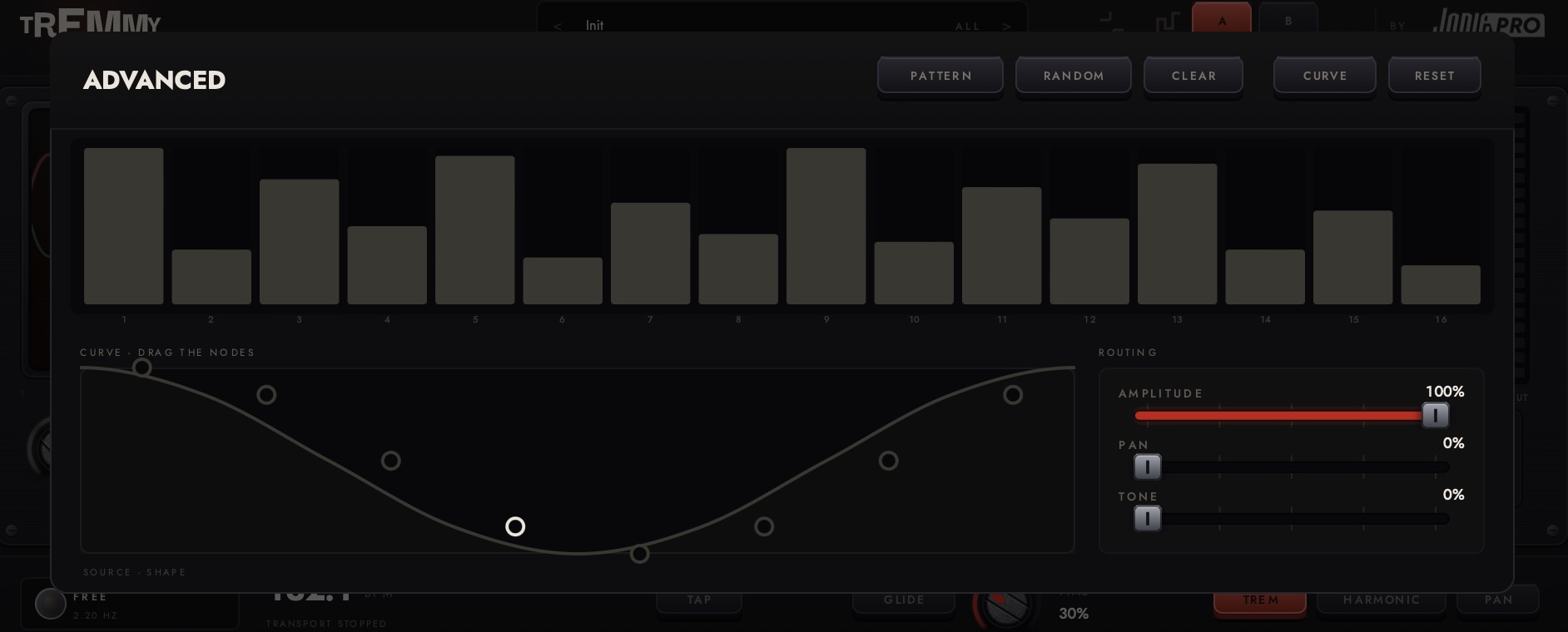The advanced screen: a sixteen step sequencer, a drawn curve editor and the routing faders